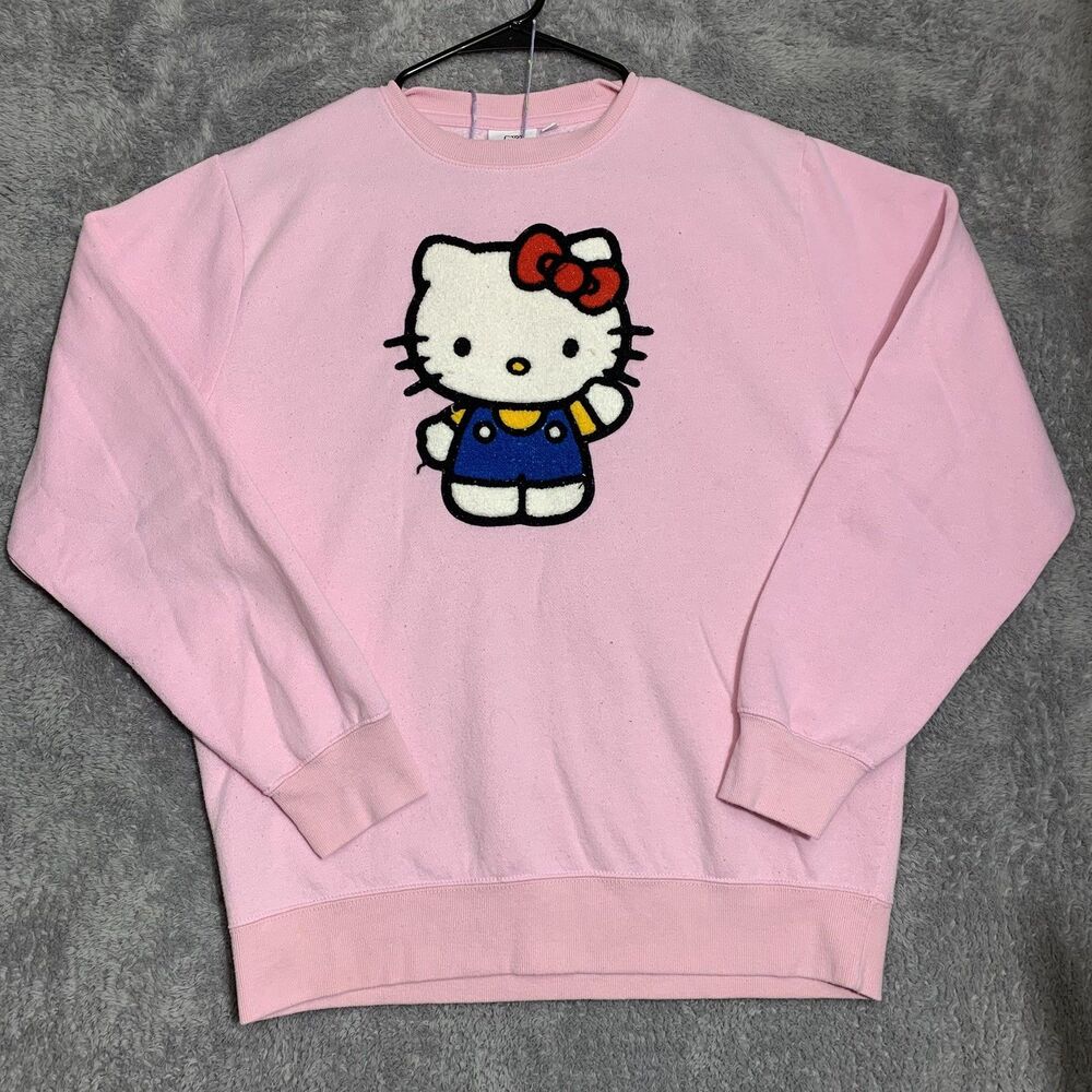 Hello‎ Kitty Sweatshirt Womens Medium Pink Chenille Patch Sanrio Pullover Fleece